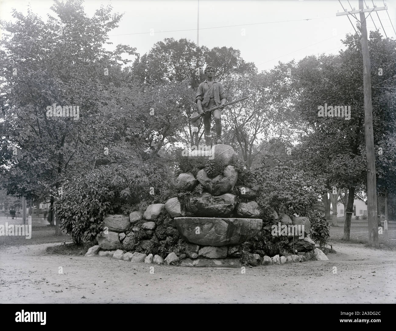 Antique c1900 photograph, Minuteman Statue in Lexington, Massachusetts. SOURCE: ORIGINAL GLASS NEGATIVE Stock Photo