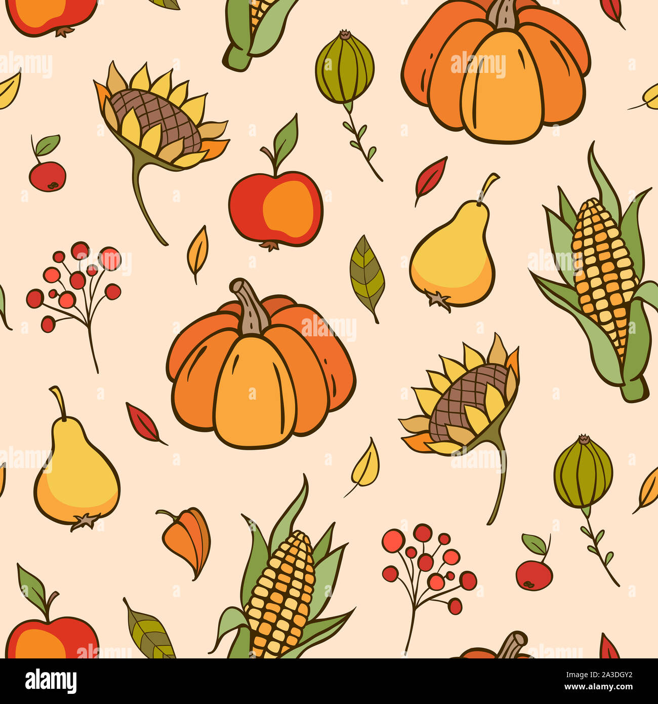 Autumn doodle seamless pattern with pumpkins, fruits and leaves. Hand ...