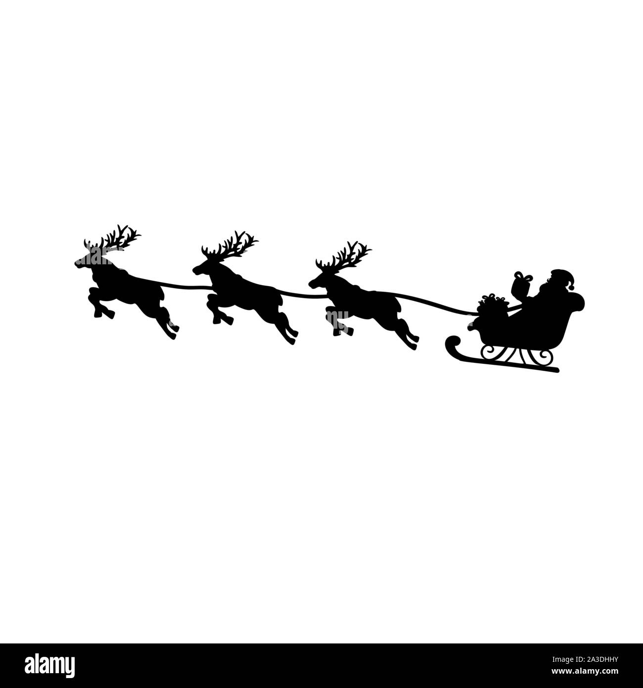 Silhouette Santa in sleigh and flying reindeers. Symbol Happy Merry Christmas. Vector illustration Stock Vector