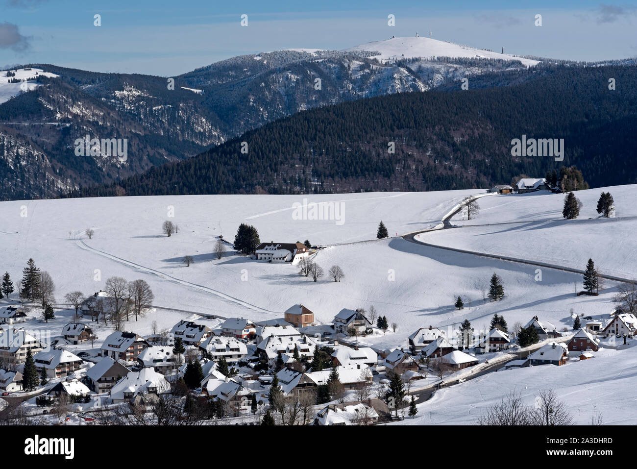 Hofsgrund in the Black Forest with Mt Feldberg in the winter Stock Photo