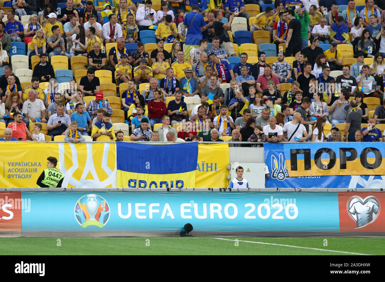 LVIV, UKRAINE - JUNE 7, 2019: UEFA EURO 2020 billboard seen at Arena Lviv stadium during the UEFA EURO 2020 Qualifying game Ukraine v Serbia Stock Photo
