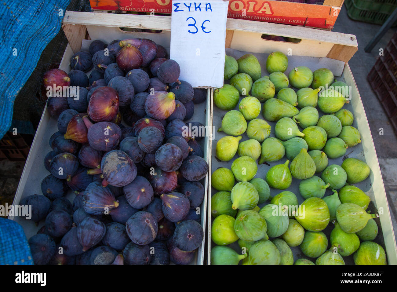 Figs on sale at the weekly street market in Lefkada Town on Lefkada / Lefkas Island, Greece Stock Photo