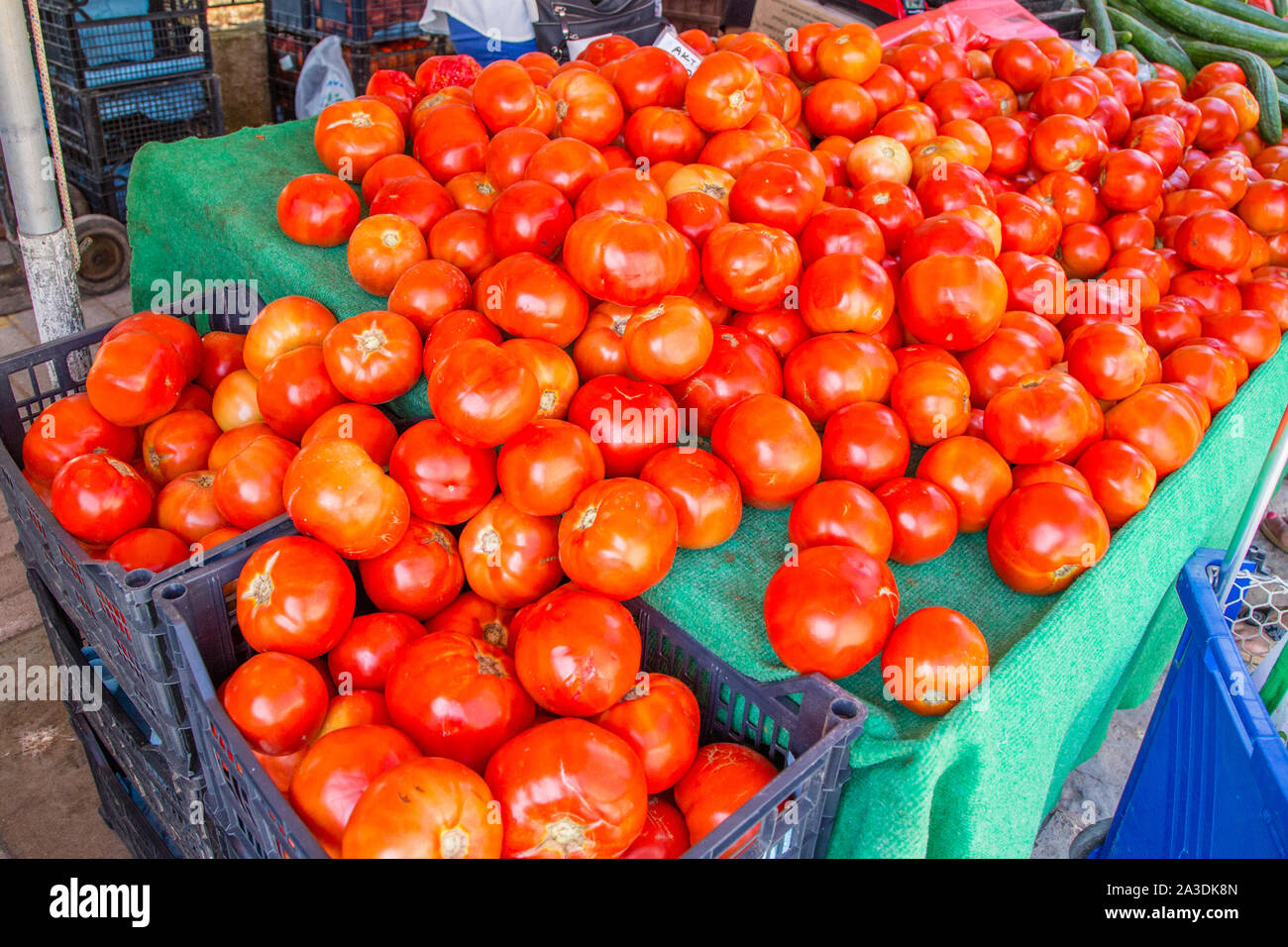 Tomatoes on sale at the weekly street market in Lefkada Town on Lefkada / Lefkas Island, Greece Stock Photo