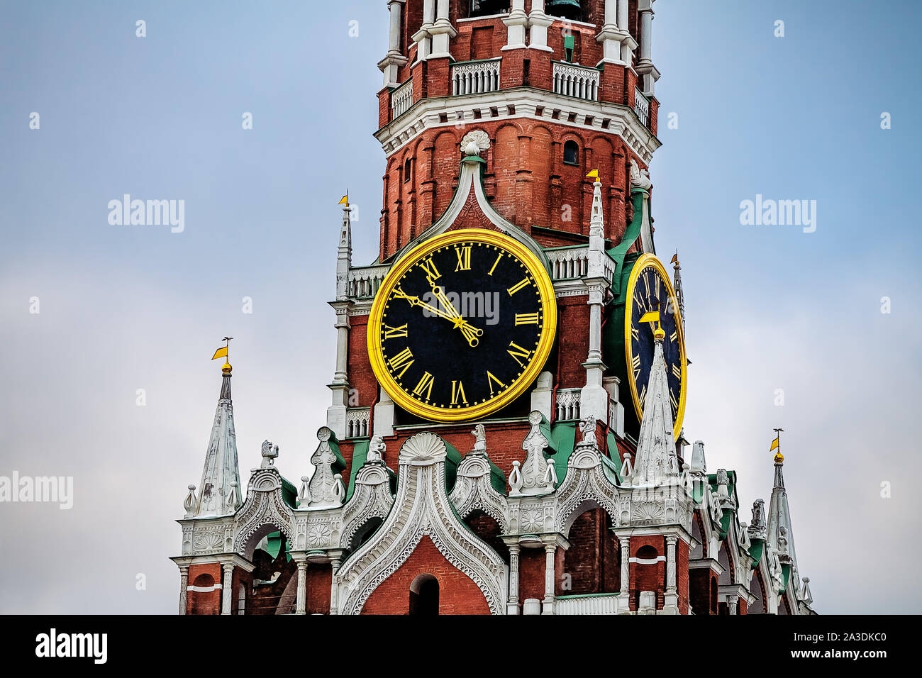 Clock Chimes on the Spasskaya tower of the Moscow Kremlin. Red Square, Moscow. Russia. Stock Photo