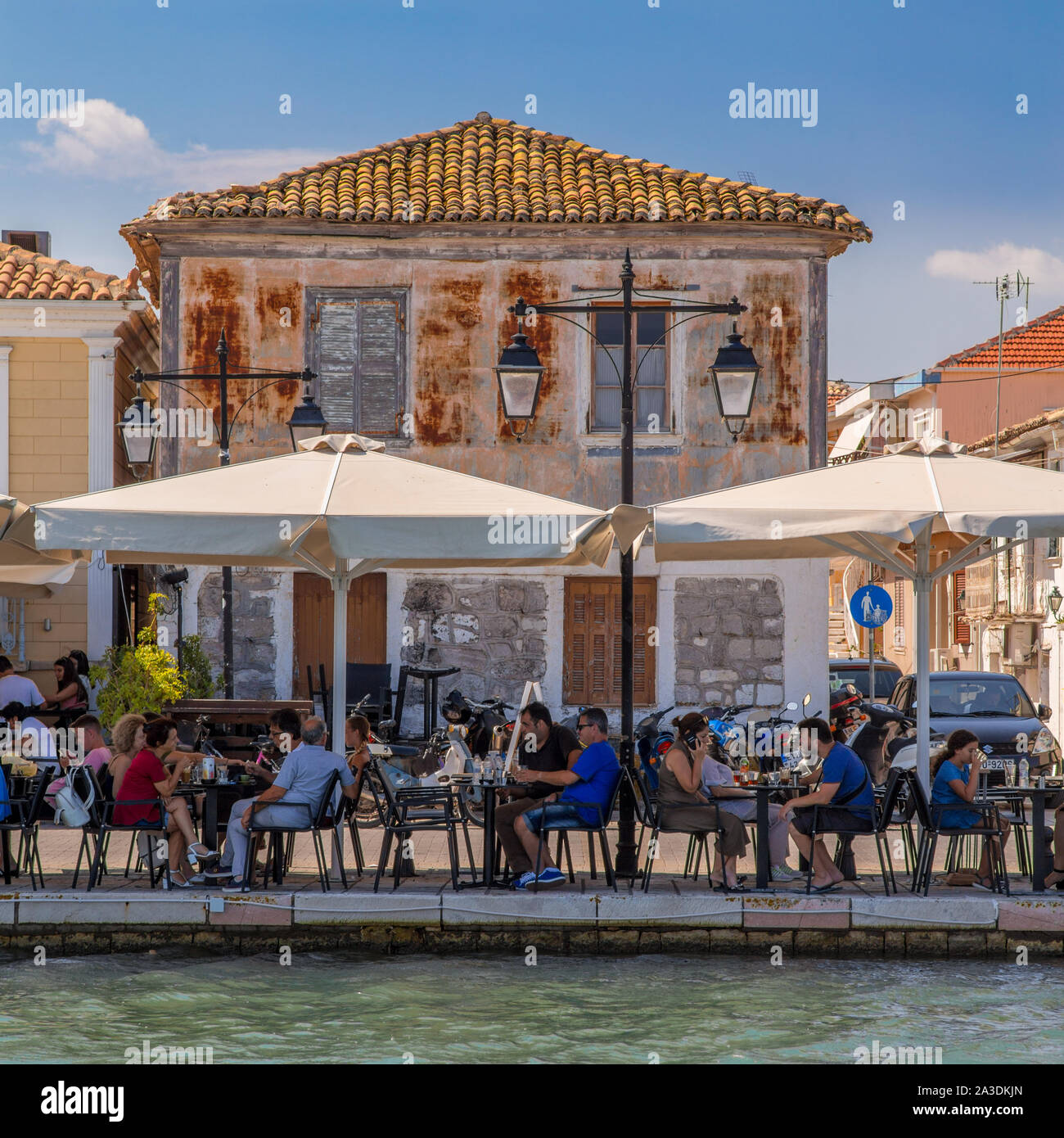 Waterfront taverna in Lefkada Town on Lefkada / Lefkas Island, Greece Stock Photo
