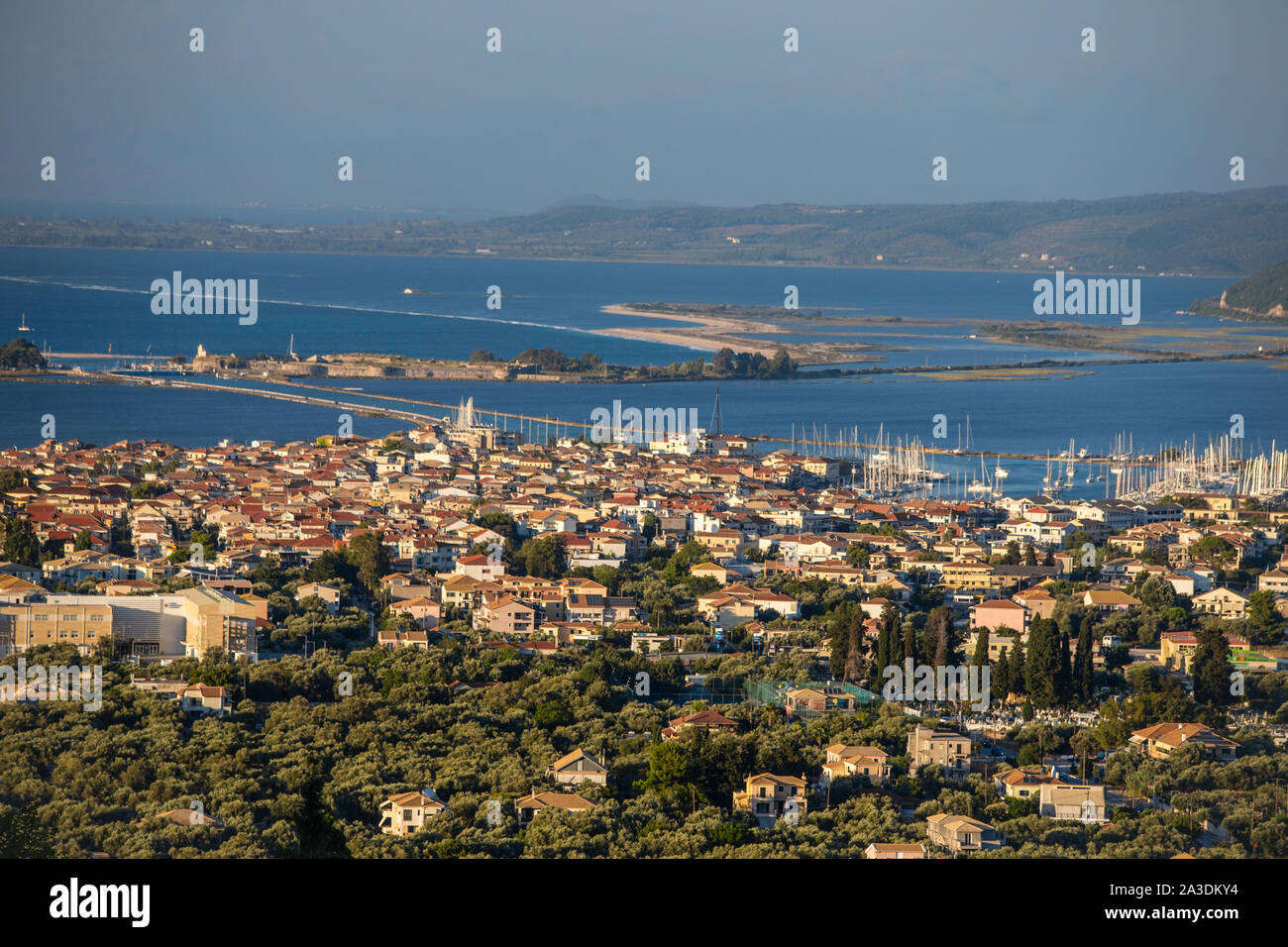 Lefkada Town and causeway on Lefkada / Lefkas Island, Greece Stock Photo