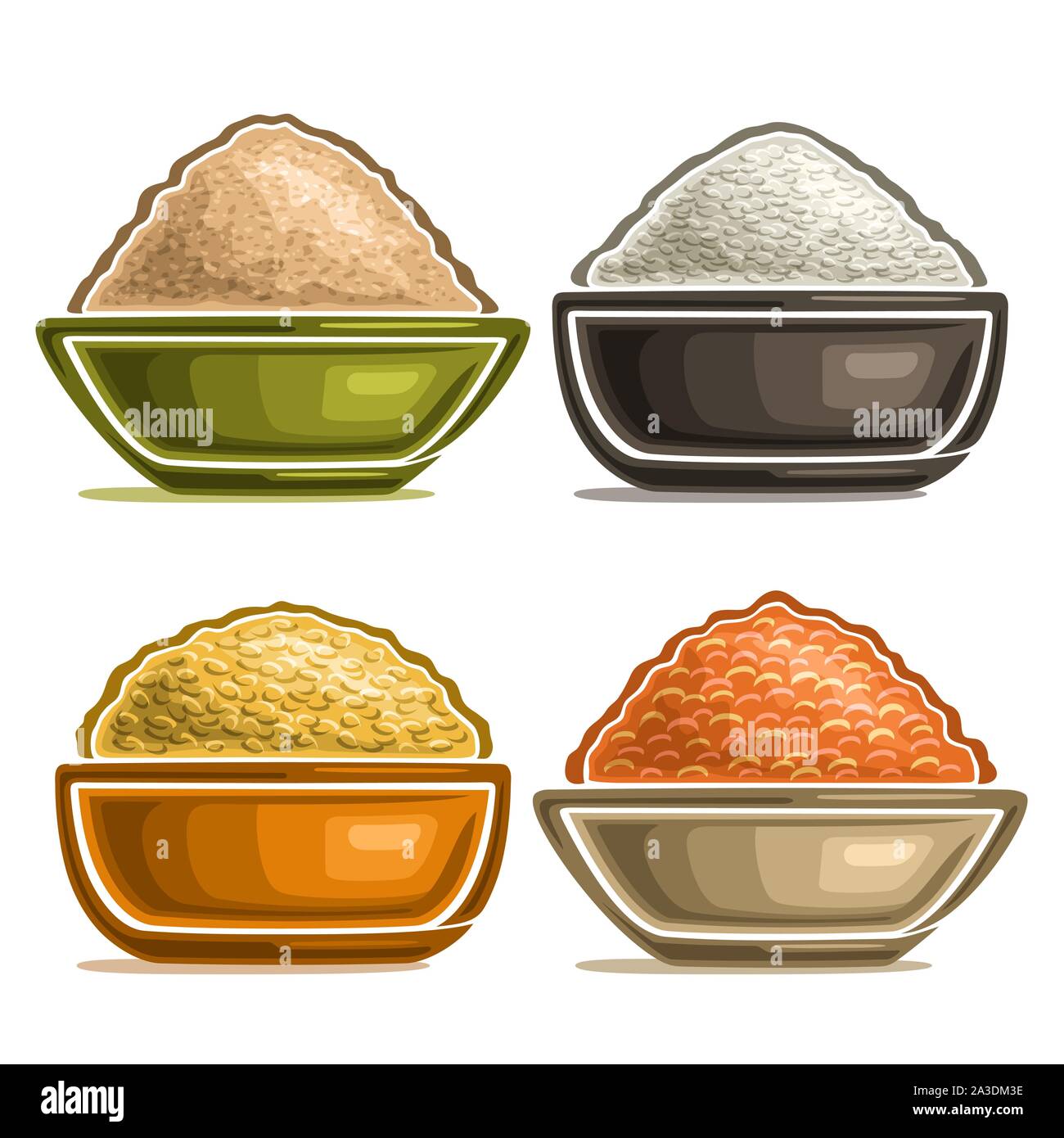 Vector set of different groats in bowls, heap of raw oat cereals, grains of organic chinese rice, yellow dried peas and healthy red lentils, set of va Stock Vector