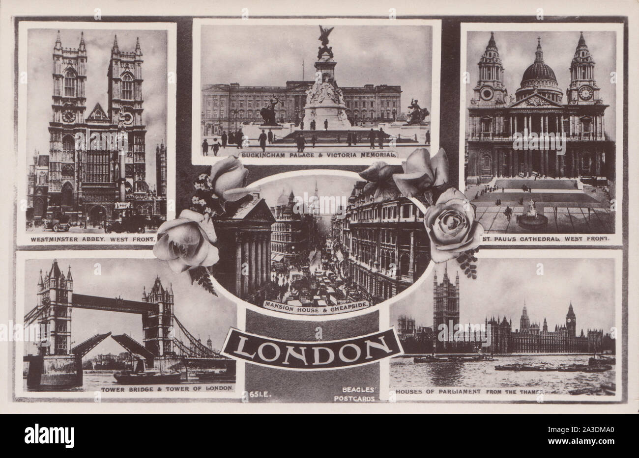 Vintage Early 20th Century Photographic Postcard Showing Landmarks of Central London, England. Westminster Abbey, Tower Bridge, St Pauls Cathedral, Houses of Parliament, Buckingham Palace and Mansion House. Stock Photo