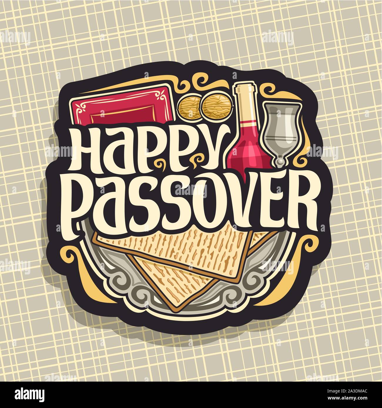 Vector logo for Passover holiday, decorative handwritten font for text happy passover, cut sign with religious book torah, kosher flatbread matzah, bo Stock Vector