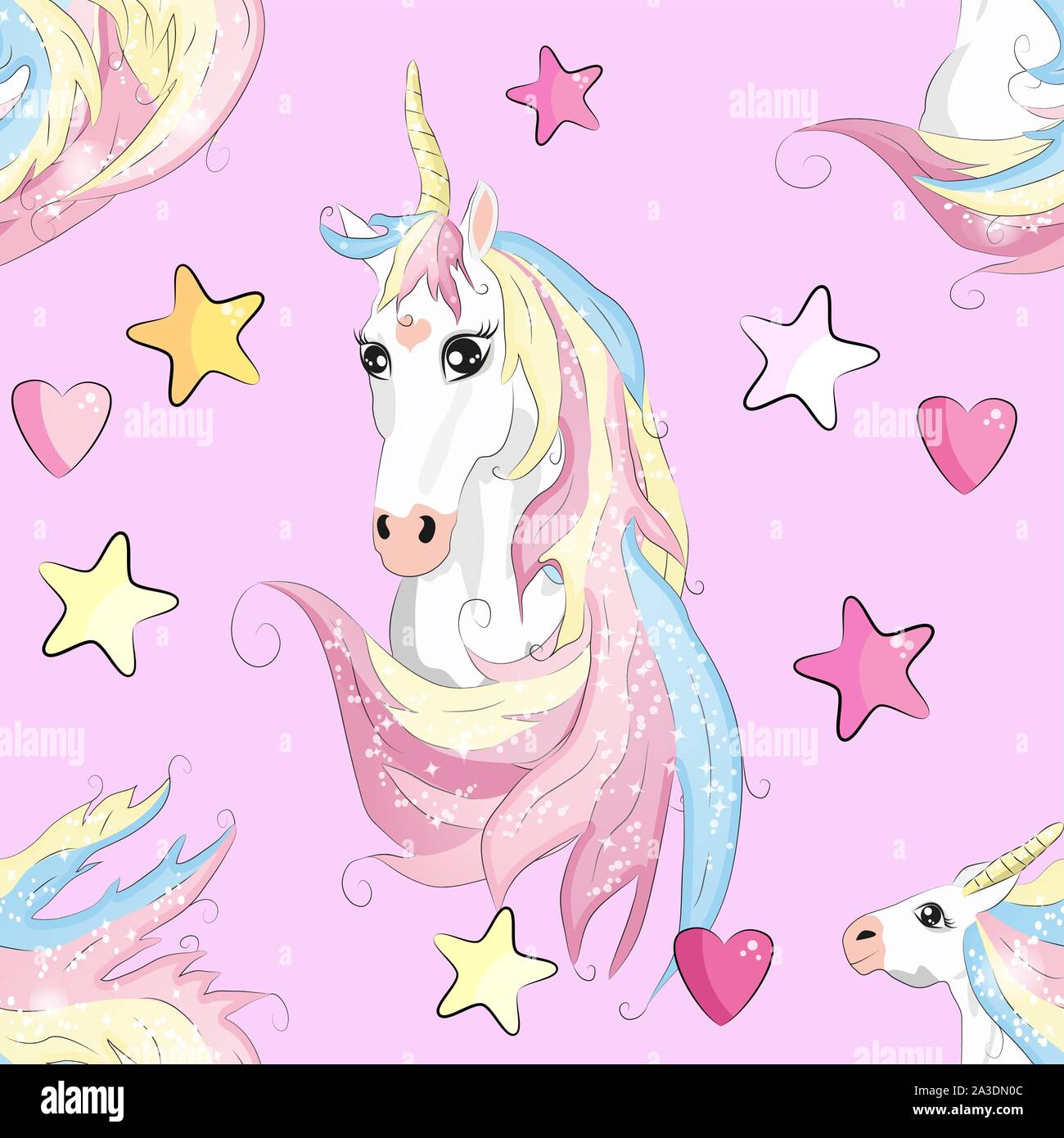 Seamless pattern with cute unicorns, clouds,rainbow and stars. Magic ...