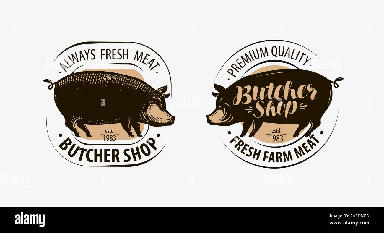 Butcher shop, butcher logo. Pig, pork label. Vector illustration Stock Vector