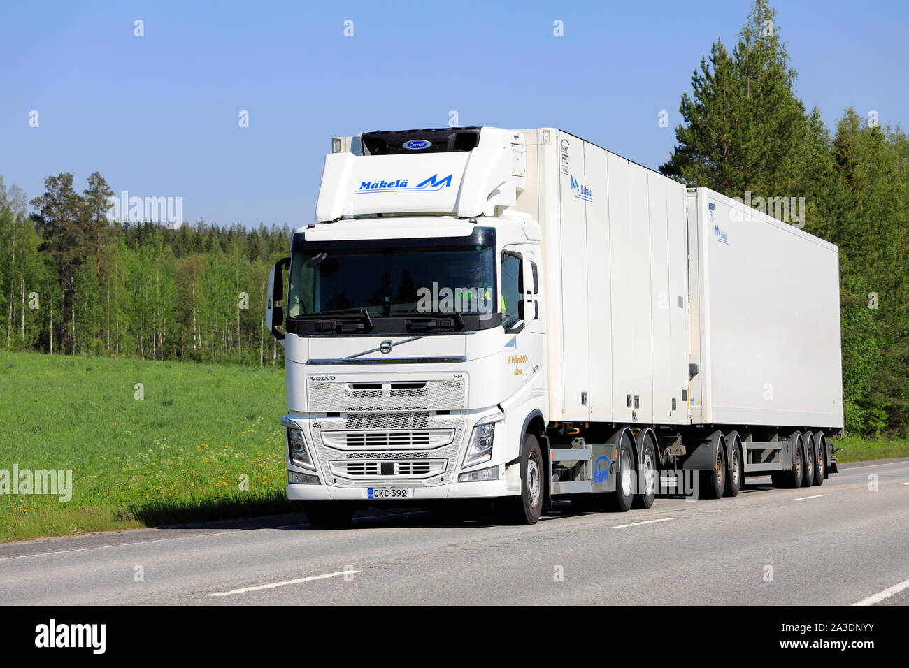 White Volvo FH 500 truck for R Makela Oy pulls refrigerated transport  trailer on highway 4 on a day of summer. Uurainen, Finland. June 7, 2019  Stock Photo - Alamy