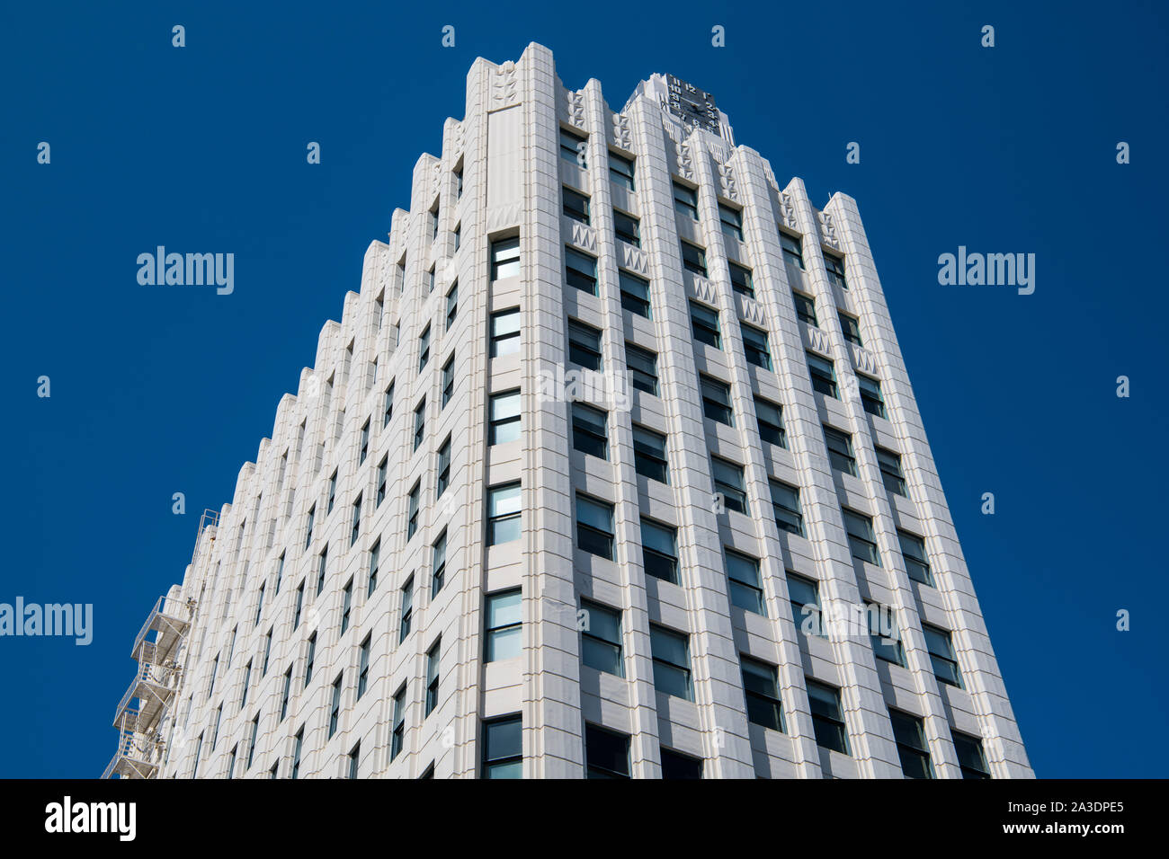 Horizontal view of the white art deco style Clock Tower Building in Santa Monica, California Stock Photo