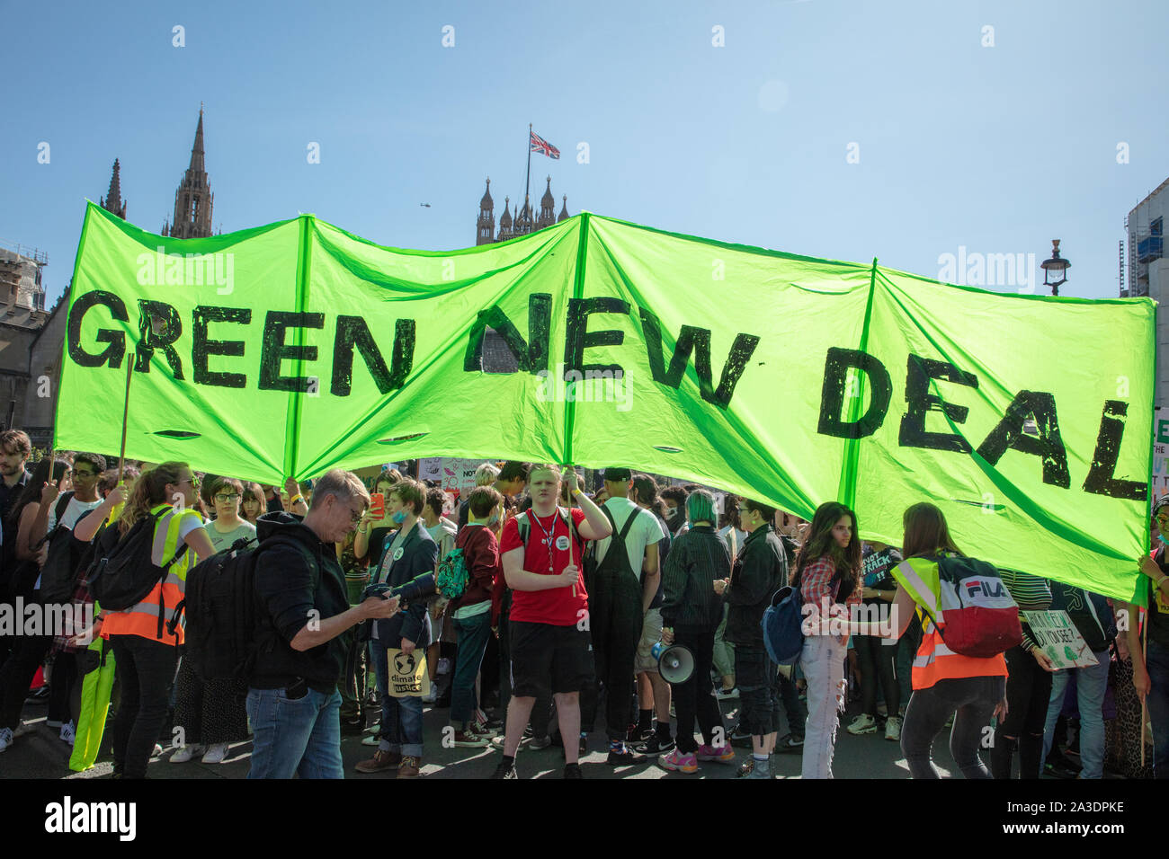 London, UK, 20th September, 2019. London is one of the many cities in the world a global youth climate strike takes place, in and around Parliament, bringing together many young people and adults, on a school day, to protest against government inaction of climate change. Credit: Joe Kuis / Alamy News and Reportage Stock Photo
