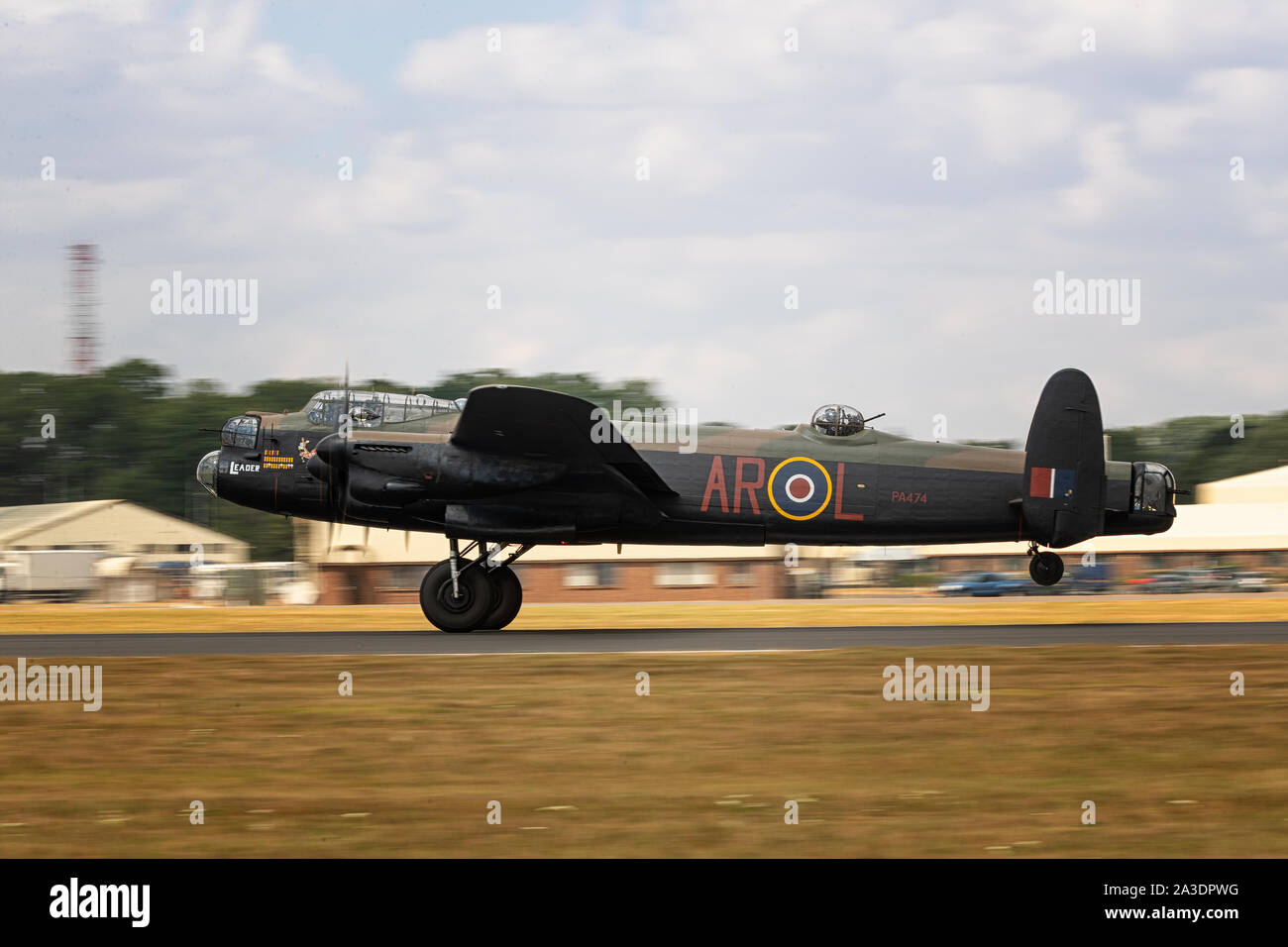 Lancaster Histoirc bomber landing at Fairford Air Force base Stock Photo