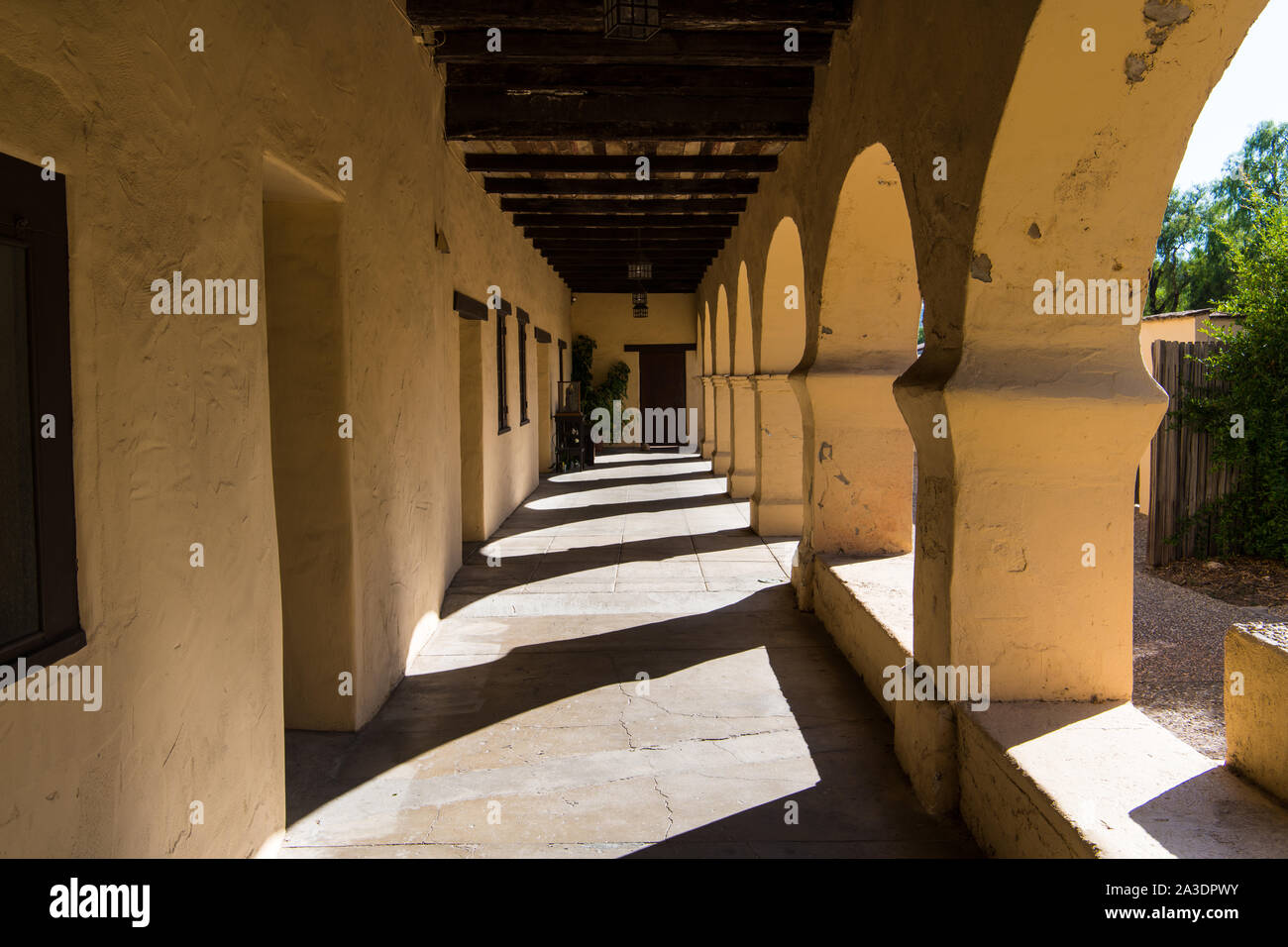 Arches and walkway in the Santa Ines Mission church in Solvang, California Stock Photo