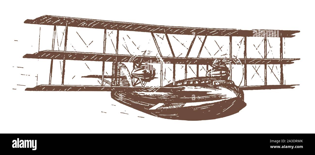 Flying historical biplane-floatplane. Illustration after a lithography from the early 20th century Stock Vector