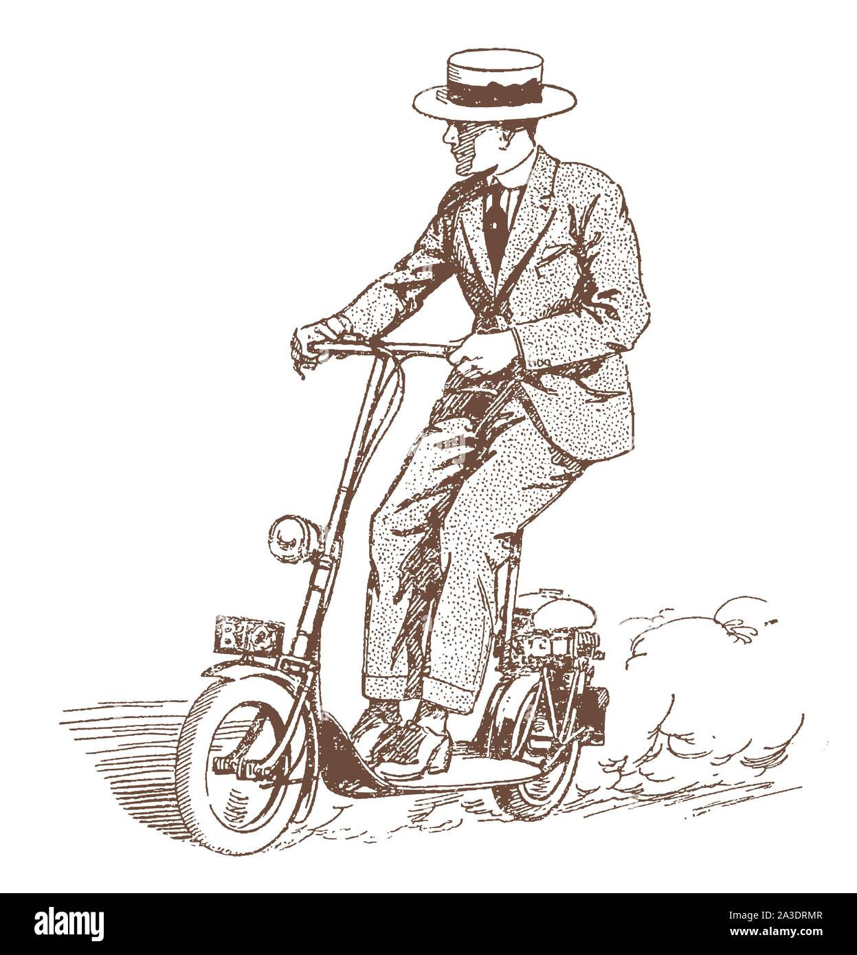 Historical man riding a motor scooter. Illustration after a lithography from the early 20th century Stock Vector