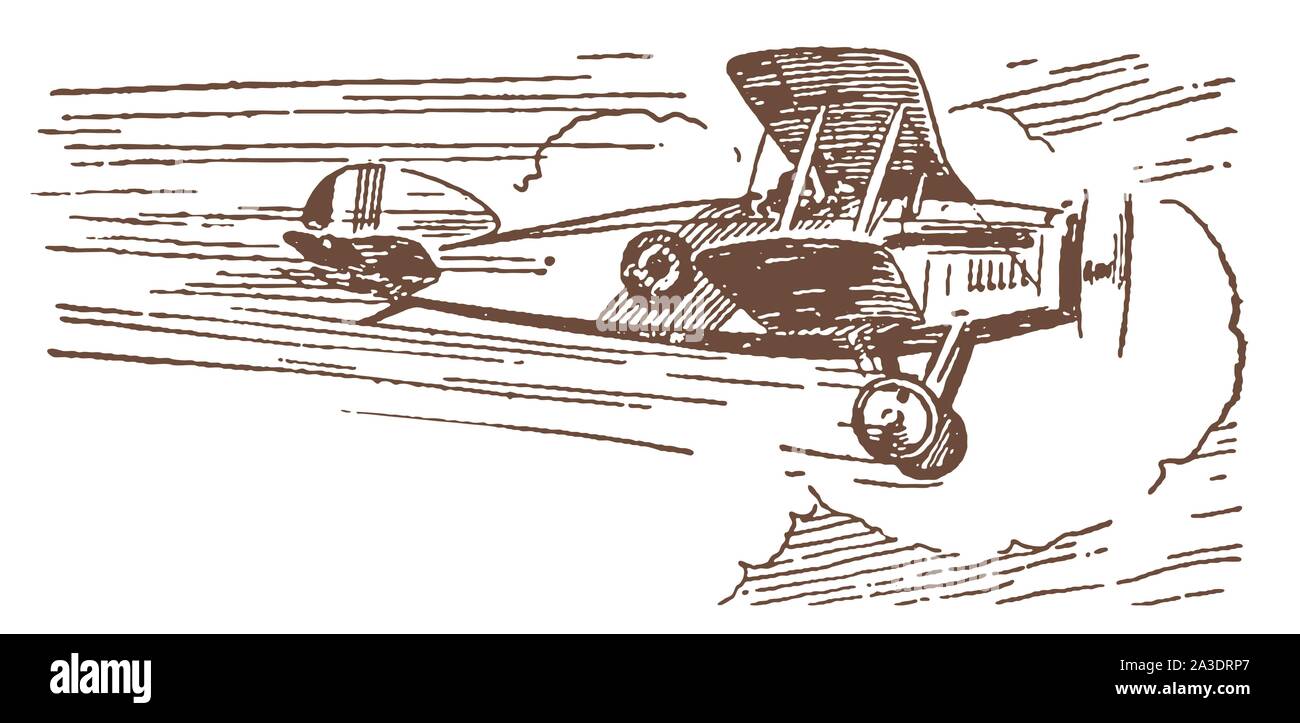 Historical biplane flying at high speed. Illustration after a lithography from the early 20th century Stock Vector
