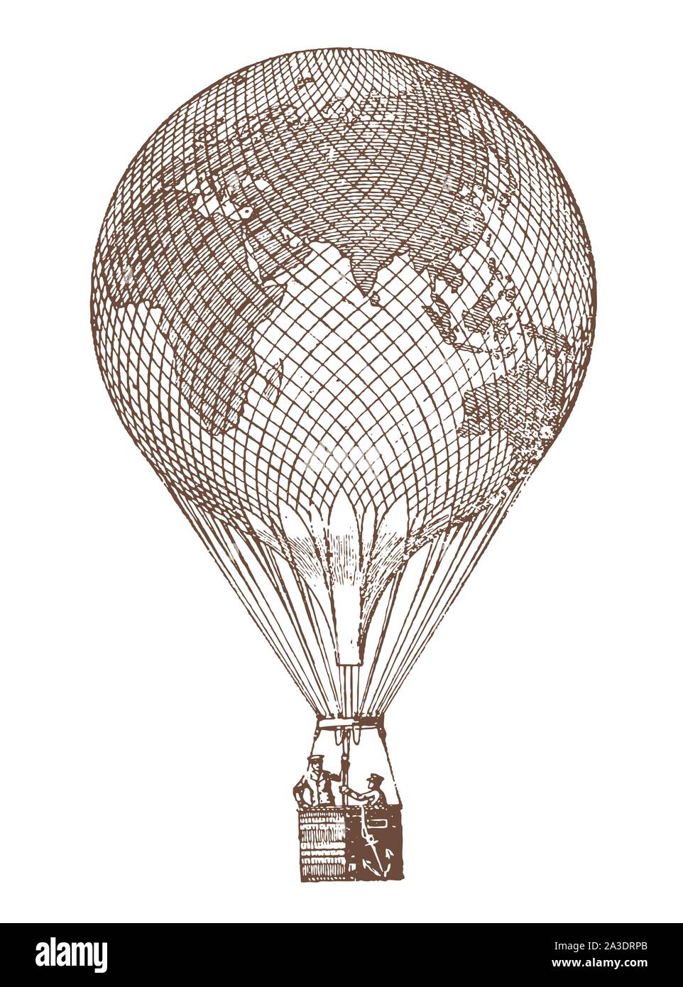 Historic gas balloon with earth map carrying two men. Illustration after a lithography from the early 20th century Stock Vector