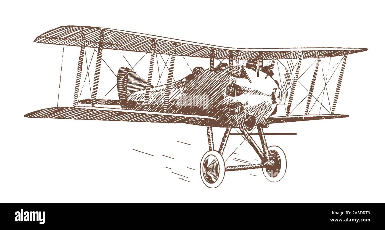Historical two-seater sporting biplane. Illustration after a lithography from the early 20th century Stock Vector