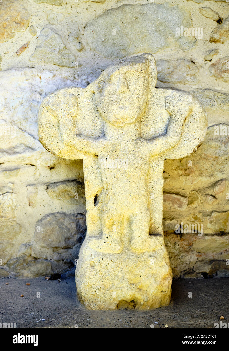 The Orant de Les Casses, an antique Stele (Funeral tombstone) in the south of France small village Stock Photo