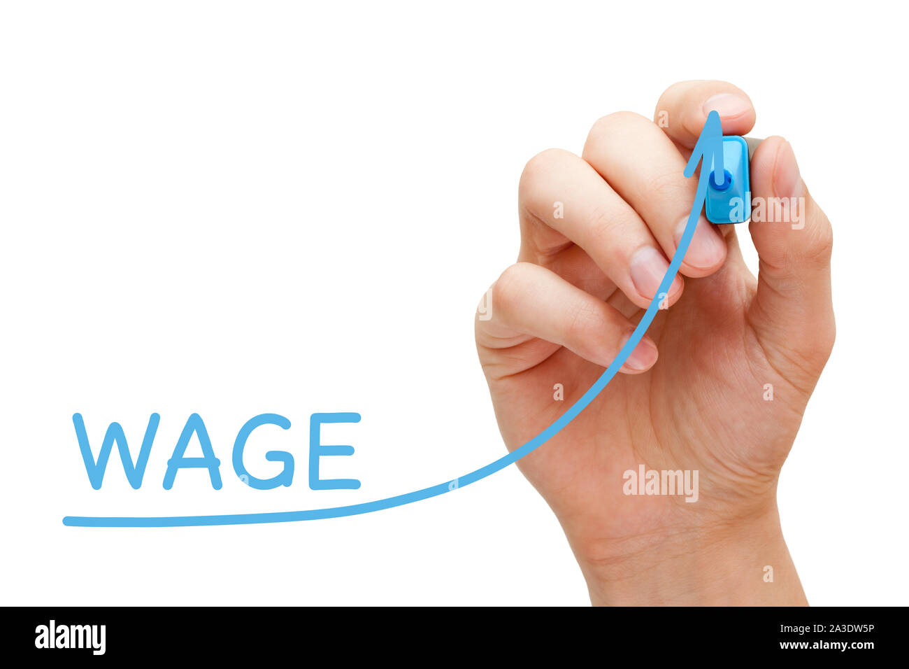 Hand drawing increasing wage business graph with blue marker on transparent wipe board isolated on white background. Stock Photo