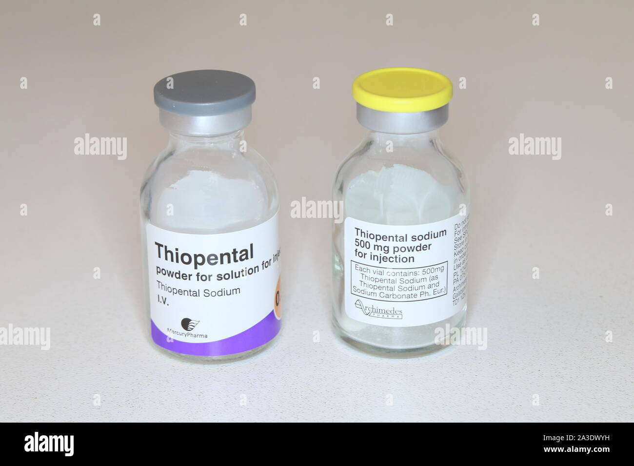vials of Sodium thiopental (an intravenous anaesthetic agent ) Stock Photo
