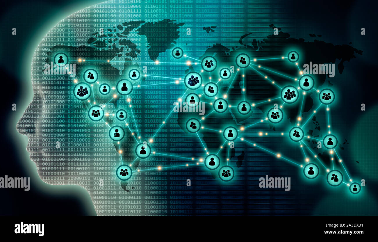 Worldwide communication network illustration. Social media, digital technology, globalization, data transfer, AI, international people connections con Stock Photo