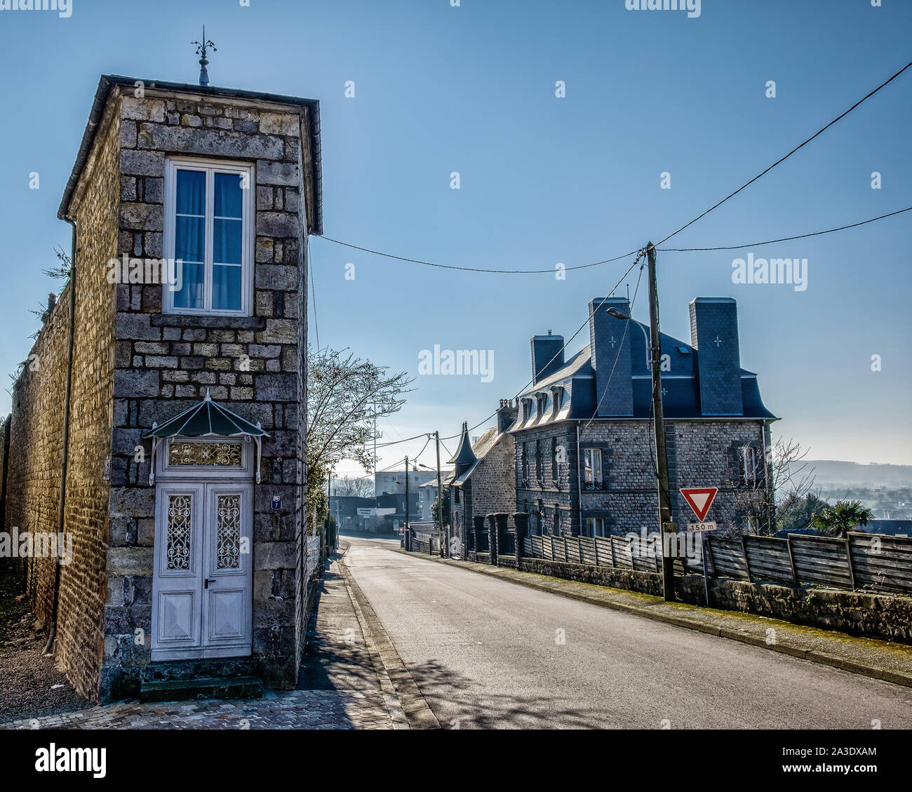 Domfront, Orne France, Feb 2019, Norman style houses by the 962