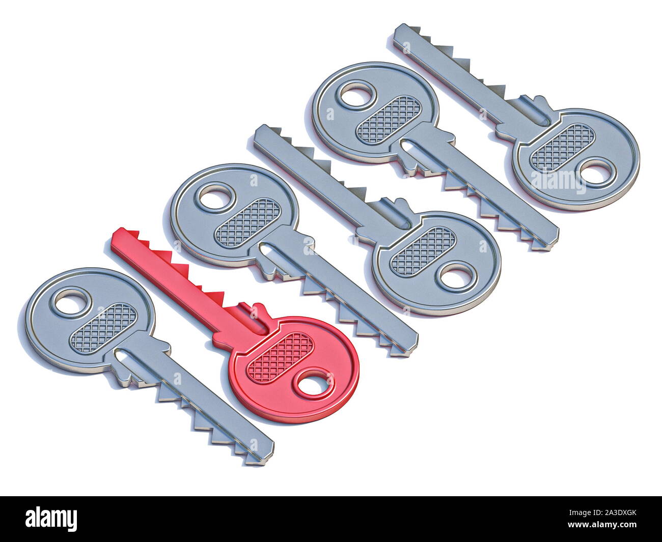 Door keys with red one 3D render illustration isolated on white
