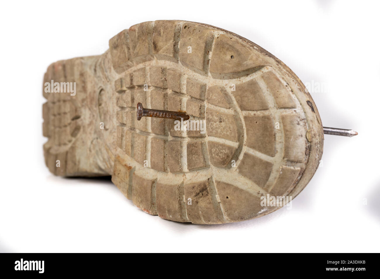 An old work boot with a nail. Construction worker's damaged work