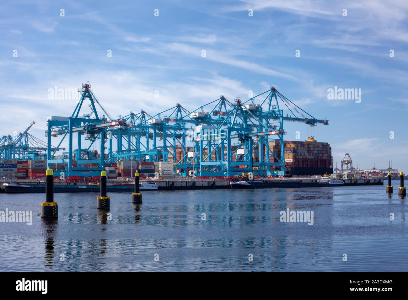 Rotterdam, Holland. Aerial view of container terminal in the harbor MAASVLAKTE, Netherlands. A large containership is unloading Stock Photo