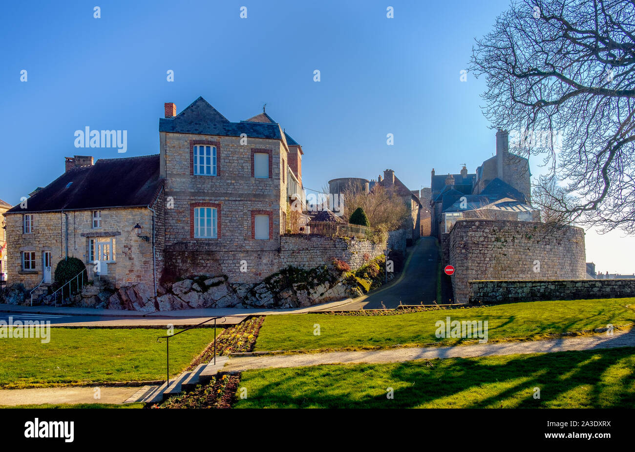 Domfront, France, Feb 2019, Montgomery Street in a medieval town of the