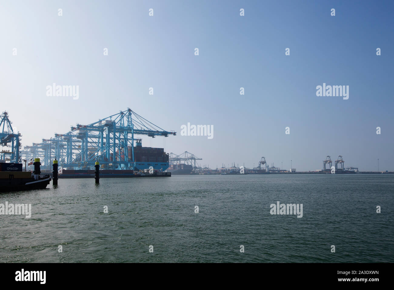 Rotterdam, Holland. Aerial view of container terminal in the harbor MAASVLAKTE, Netherlands. A large containership is unloading Stock Photo