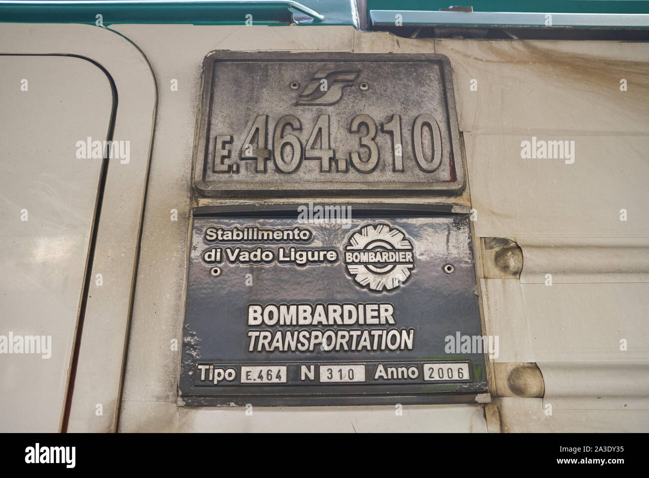 VENICE, ITALY - CIRCA MAY, 2019: close up shot of Bombardier sign seen on a train at railway station in Venice Stock Photo