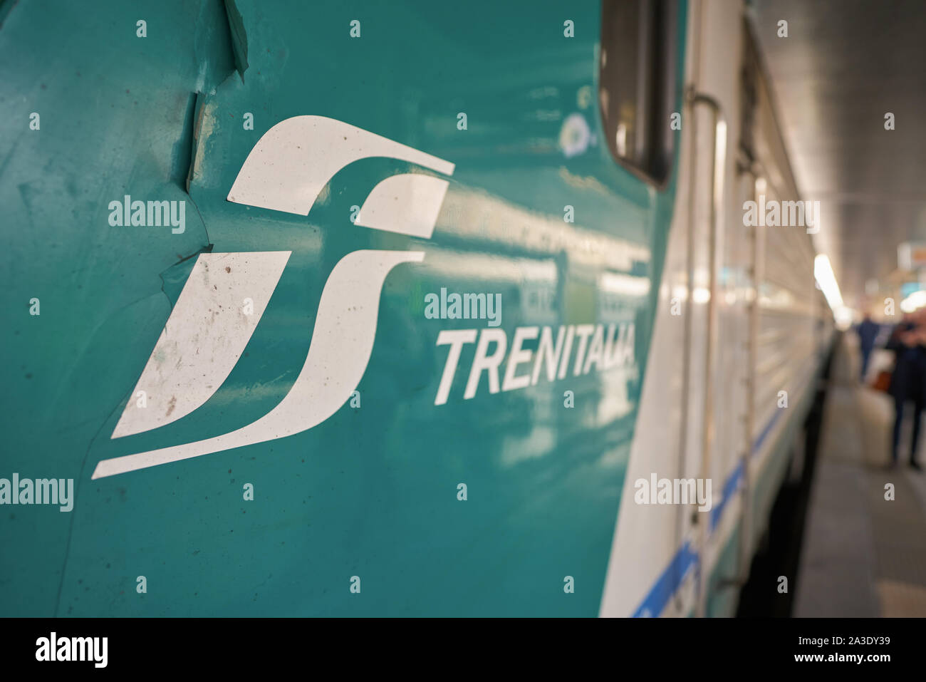 VENICE, ITALY - CIRCA MAY, 2019: close up shot of Trenitalia sign seen on a train at railway station in Venice Stock Photo