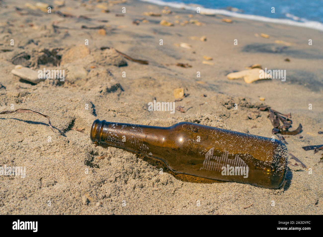Near the sea a beer bottle is abandoned on the beach, the bottle should