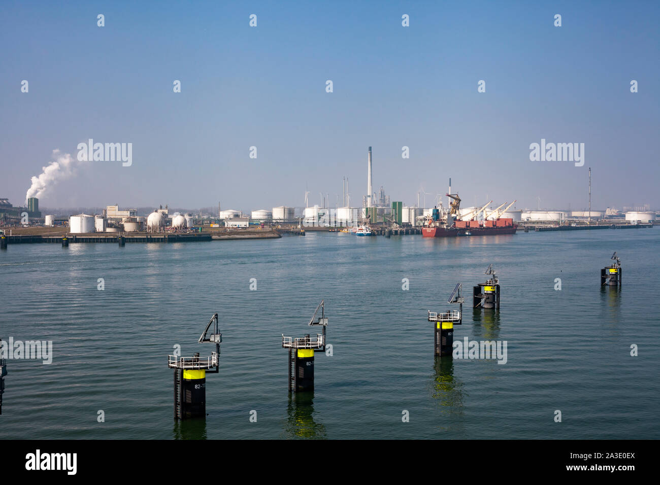 Berth - a place near the shore for mooring a vessel or boats in the Port of Rotterdam Stock Photo
