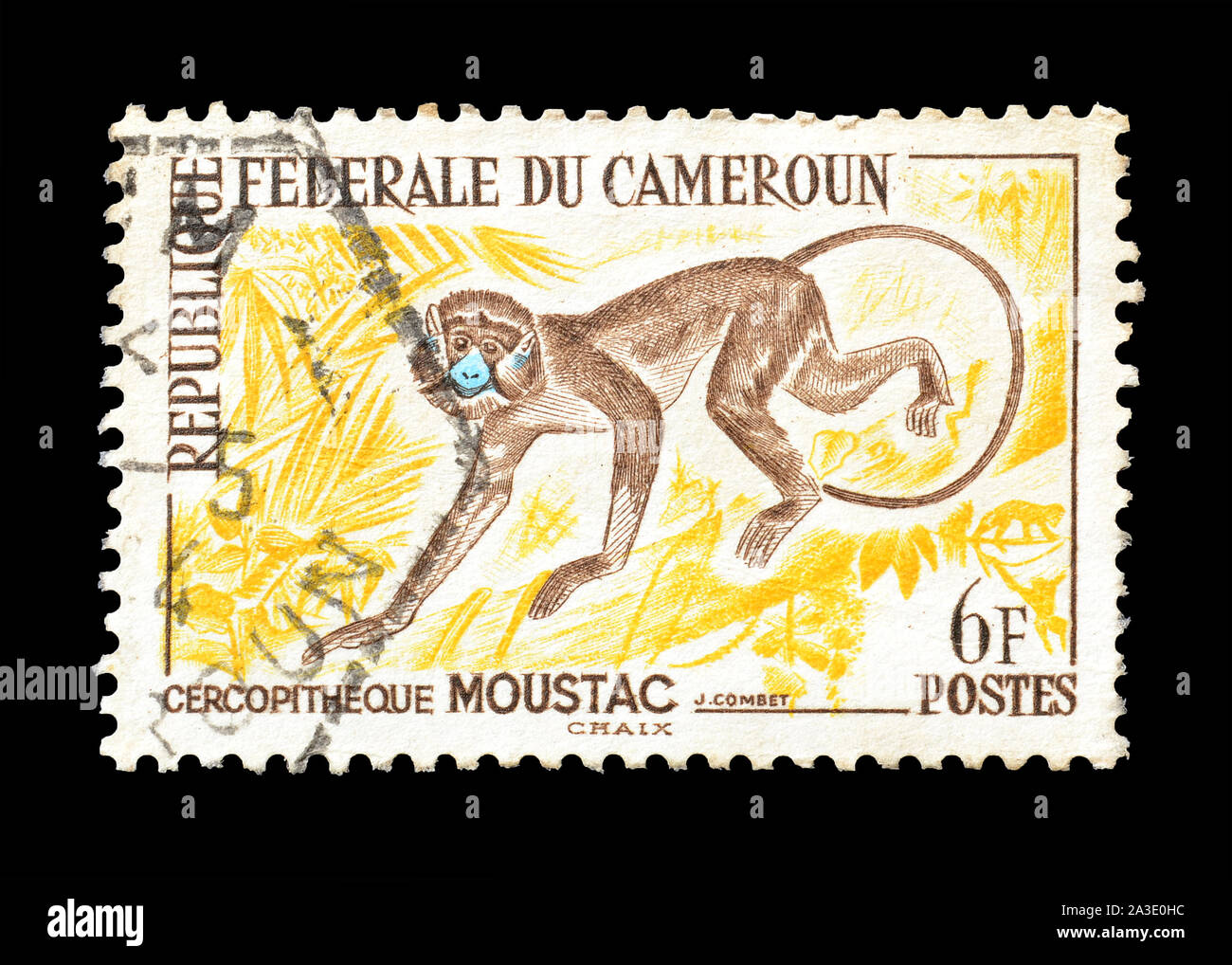 Cancelled postage stamp printed by Cameroon, that shows Moustached Guenon, circa 1962. Stock Photo