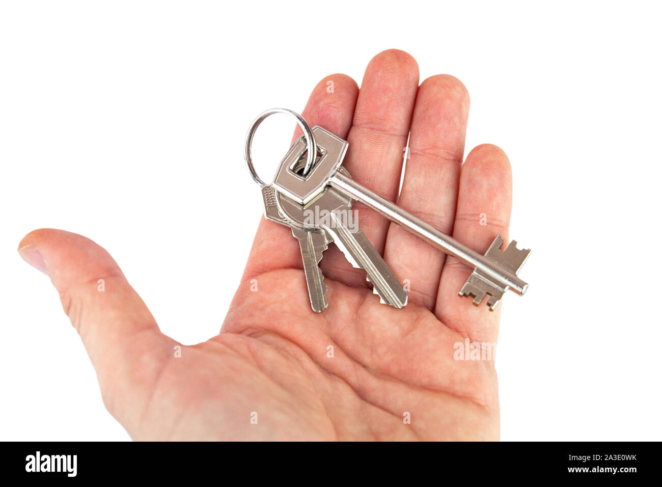 A hand with a bunch of keys. A hand delivers a bunch of keys on a white background. Stock Photo