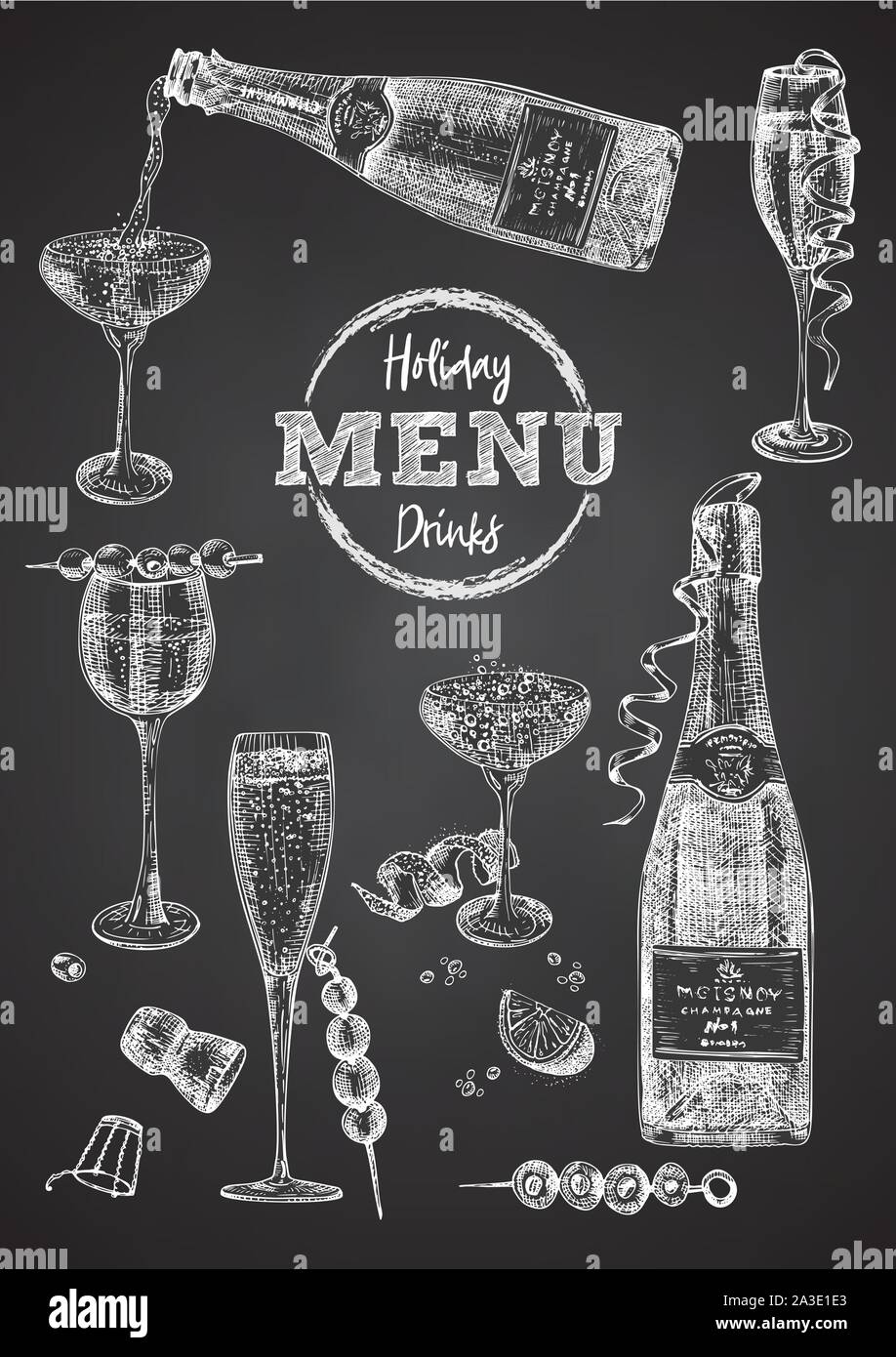 Cocktail bar menu design template set in retro style Isolated on on black  chalckboard background. Hand drawn glass and bottle champagne. Vintage wine  Stock Vector Image & Art - Alamy