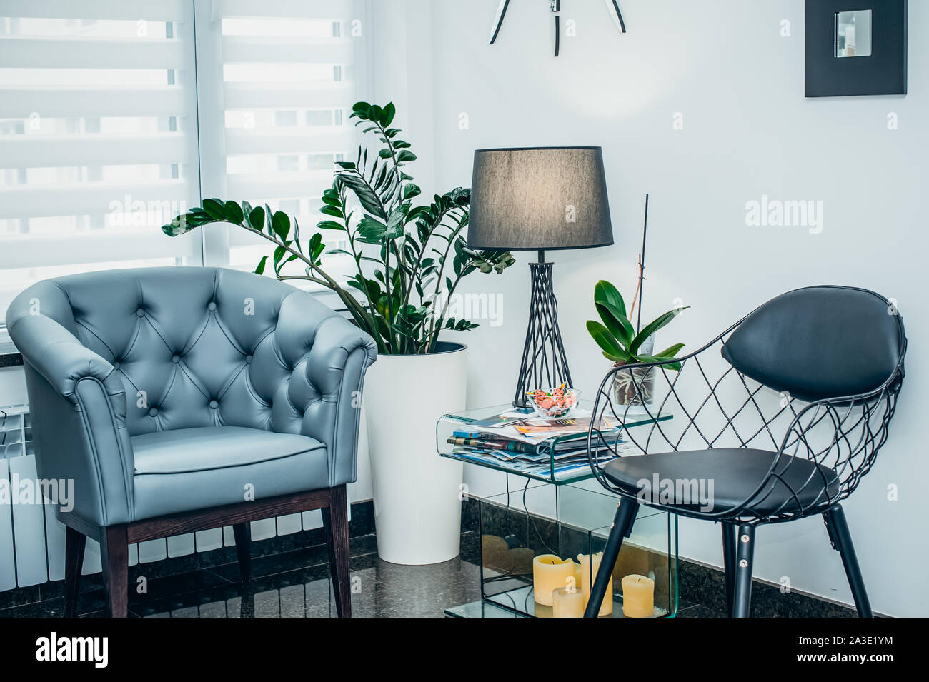 Stylish interior concept with white walls, gray and black modern chairs, lamp, coffee table and few potted green plants. Muted colors, geometrical sha Stock Photo