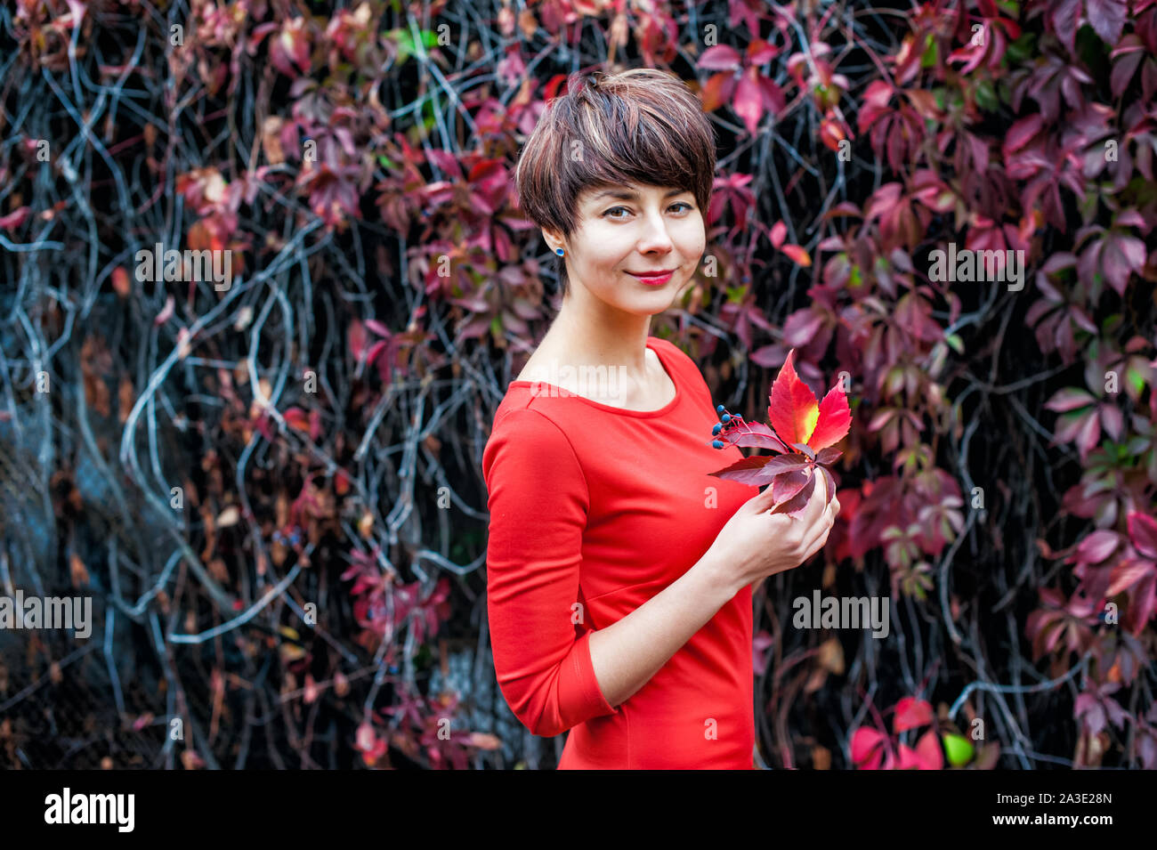Autumn romantic Beauty. Portrait of Cute Woman in red dress with Fall Leaves in the Park Outdoors in Sunny Day. Seasonal dreamy mood. Fresh skin and h Stock Photo