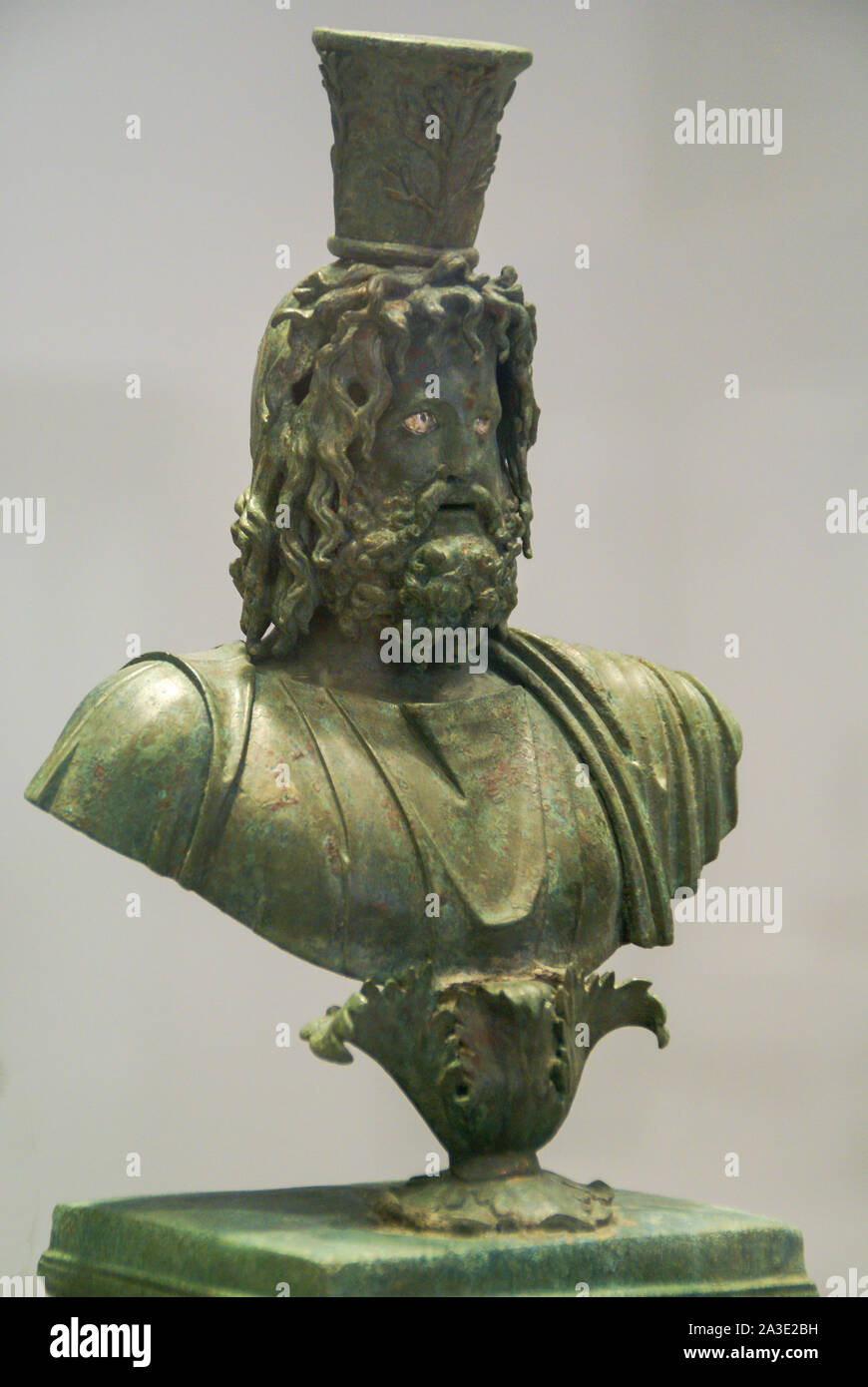 Greece. Bronze, metalwork. Bust of Serapis wearing a headdress known as a modius. National Archaeological Museum; Athens, Greece. Stock Photo