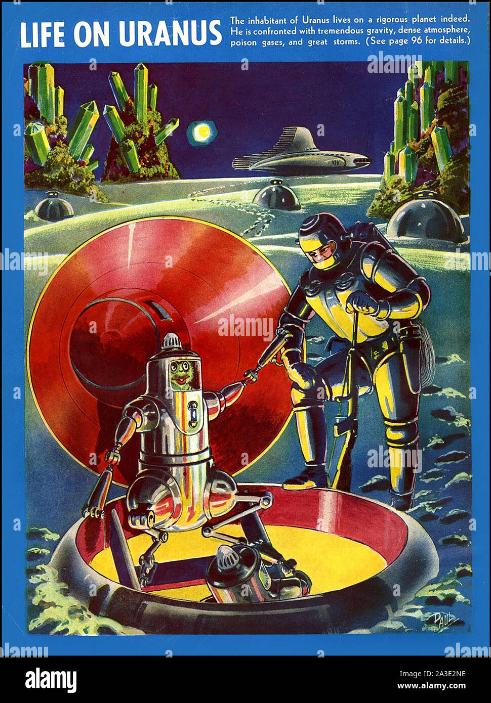 FANTASTIC ADVENTURES American sci-fi magazine back cover April 1940. Illustration for the story Life on Uranus by Frank R. Paul drawn by James Allen St. John Stock Photo