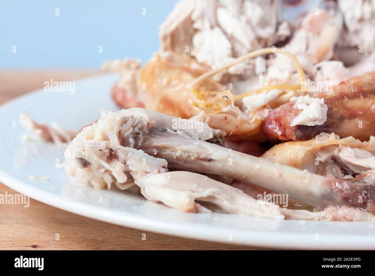 A closeup of chicken bones from a roast chicken carcass Stock Photo