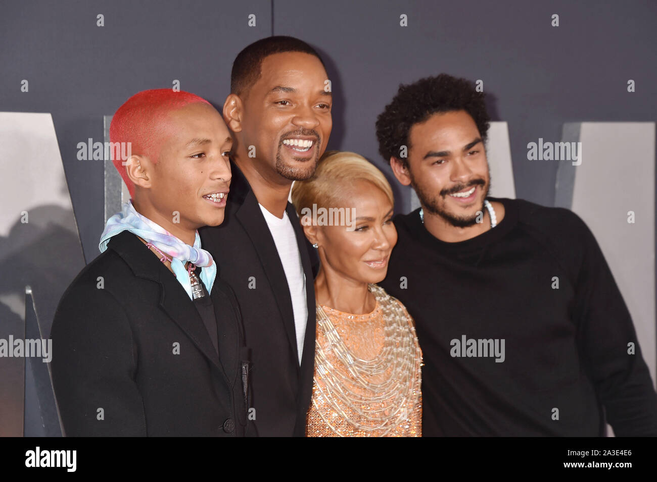 HOLLYWOOD, CA - OCTOBER 06: (L-R) Jaden Smith, Will Smith, Jada Pinkett Smith and Trey Smith attend Paramount Pictures' Premiere Of 'Gemini Man' at TCL Chinese Theatre on October 06, 2019 in Hollywood, California. Stock Photo