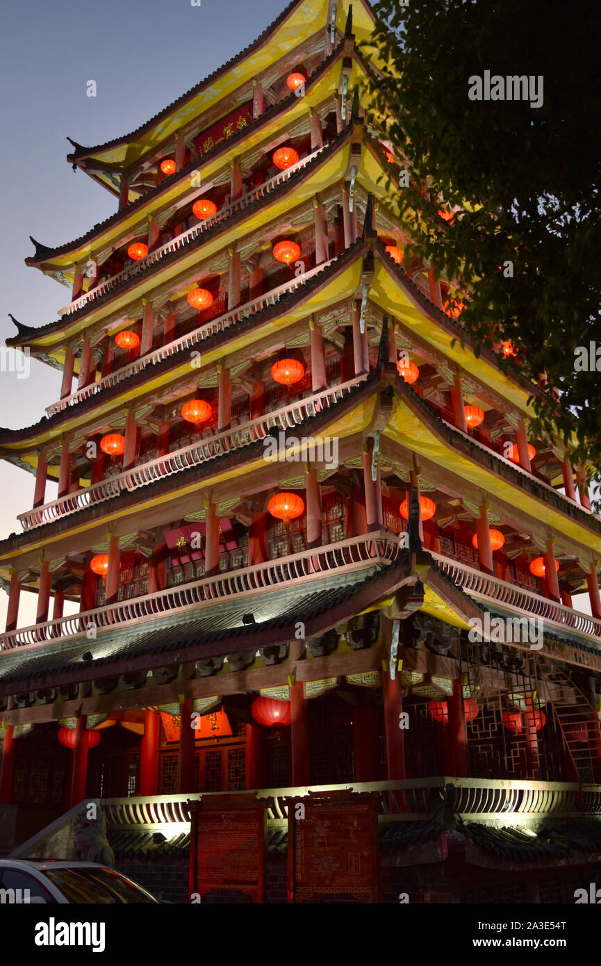 Beautiful Chinese pagoda and lanterns at dusk, Sanhe old town, Anhui, China Stock Photo