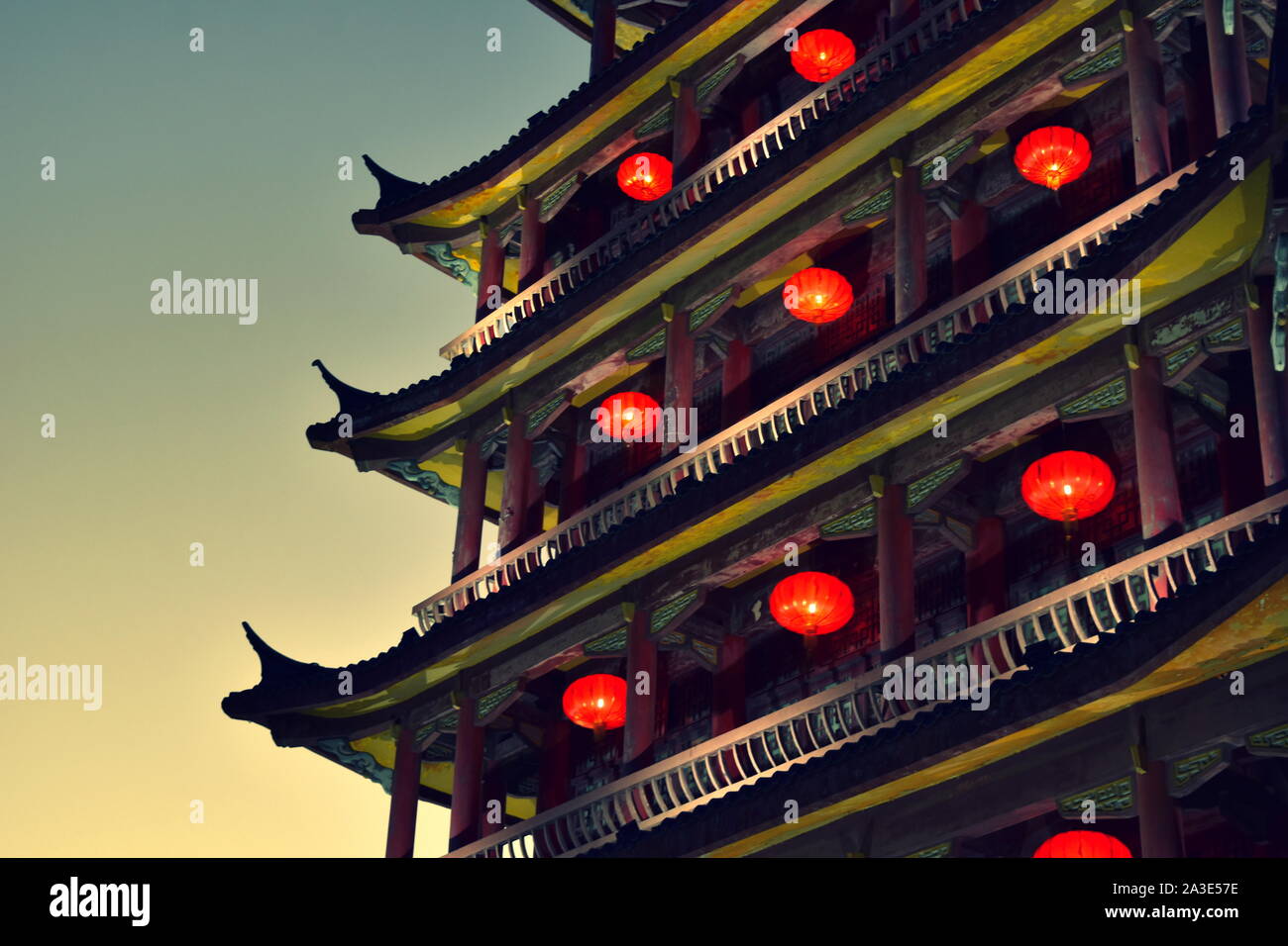 Beautiful Chinese pagoda and lanterns at dusk, Sanhe old town, Anhui, China Stock Photo